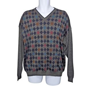 Consensus Sportswear Diamond Sweater Mens XL V-Neck Wool Blend Gray Multicolor